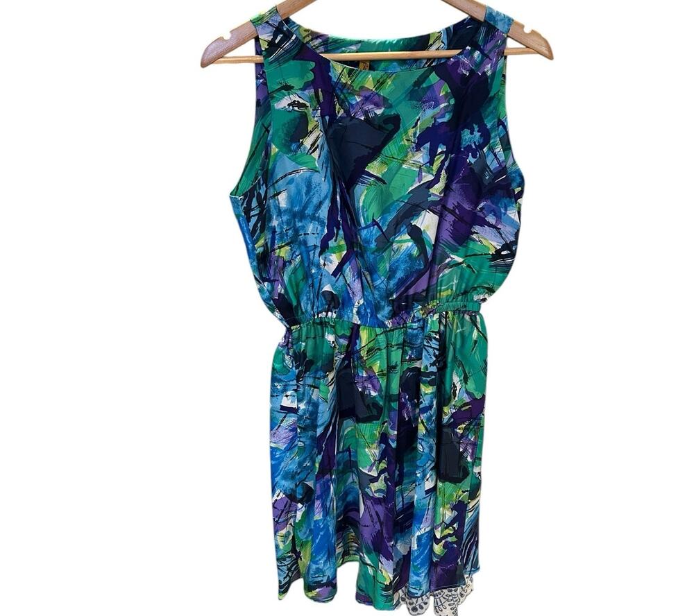 RACHEL PALLY Green Purple Abstract Watercolor 100% Silk Tank Mini Dress SMALL
